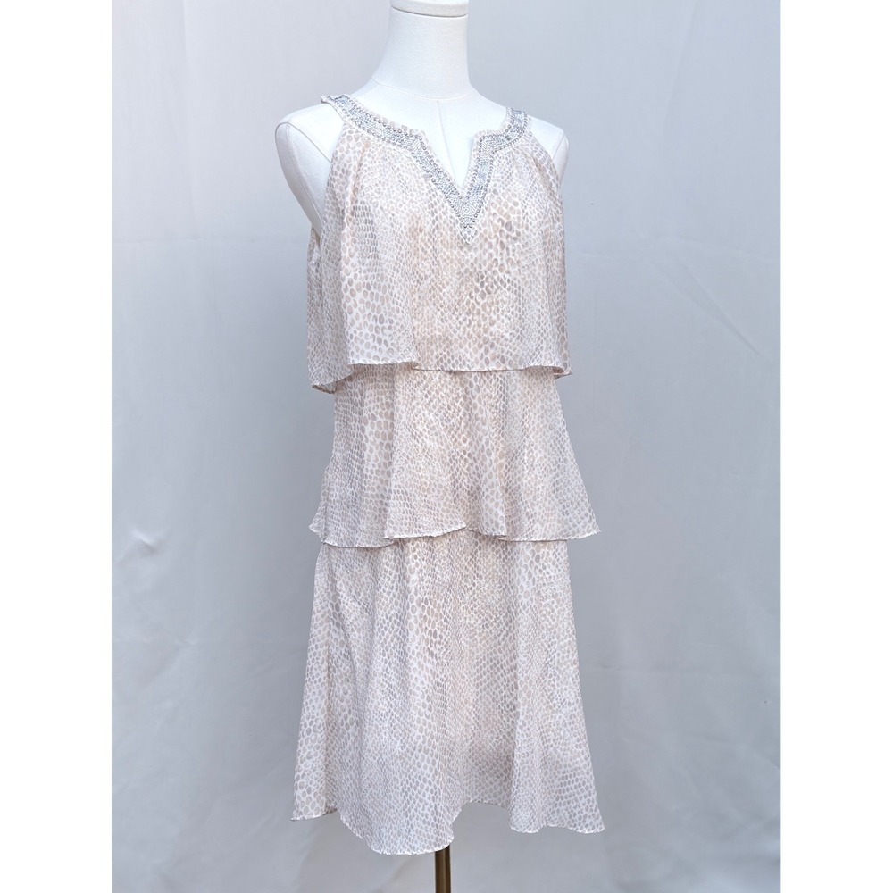 White House Black Market Embellished Tiered Dress Size 8 Animal Print Neutral